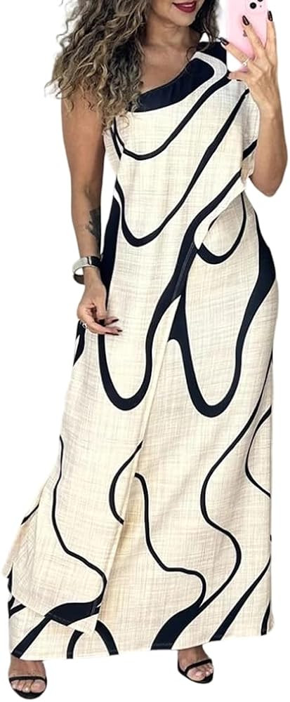 CHICME Abstract Print One Shoulder Bodycon Maxi Dress for Women High Stretch Faux 2 Piece Side Sl... | Amazon (US)
