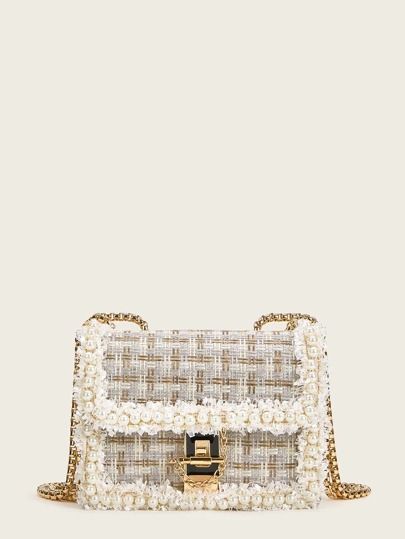 Faux Pearl Decor Tweed Chain Bag | SHEIN