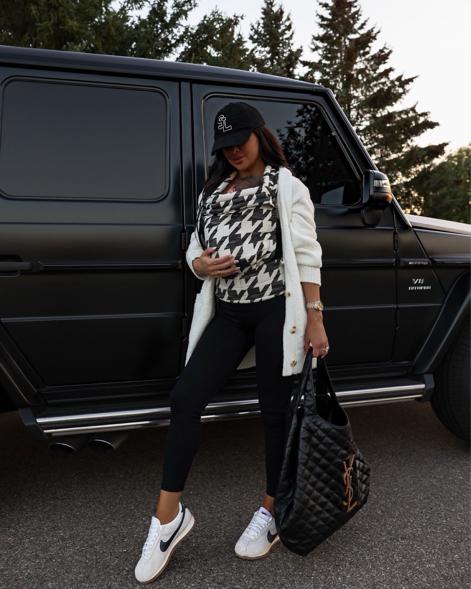 Casual outfit ideas 
Nordstrom UGG white cardigan wearing an XS
Amazon jumpsuit 
Nike Cortez boucle sneakers run TTS
Artipope baby carrier 
YSL iCare bag



#LTKFindsUnder50 #LTKBaby #LTKFindsUnder100