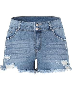 THUNDER STAR Women Mid Rise Ripped Stretchy Jeans Shorts Frayed Raw Hem Casual Denim Shorts | Amazon (US)