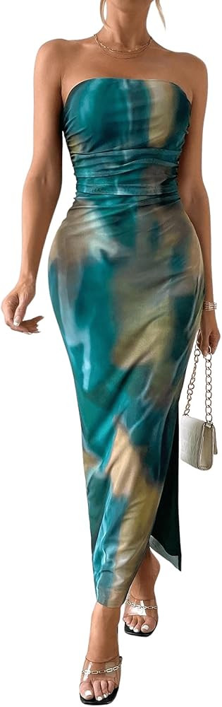 Floerns Women's Tie Dye Strapless Ruched Split Thigh Bodycon Long Tube Dress | Amazon (US)