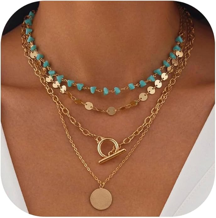 Dainty Layered Choker Necklace Bohemian Turquoise Necklace 14K Gold Plated Dainty Y Pendant Neckl... | Amazon (US)