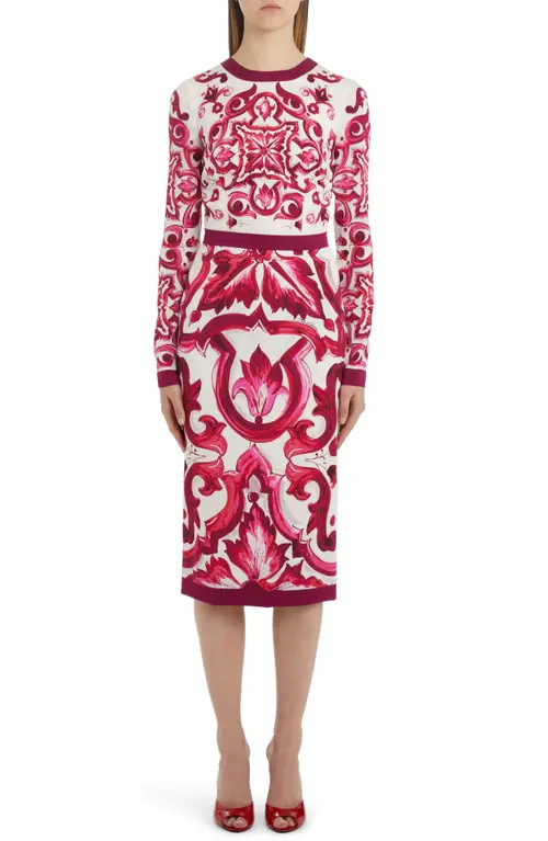 Dolce & Gabbana Majolica Long Sleeve Dress in Ha3Tn Tris Maioliche F.bco at Nordstrom, Size 4 Us | Nordstrom
