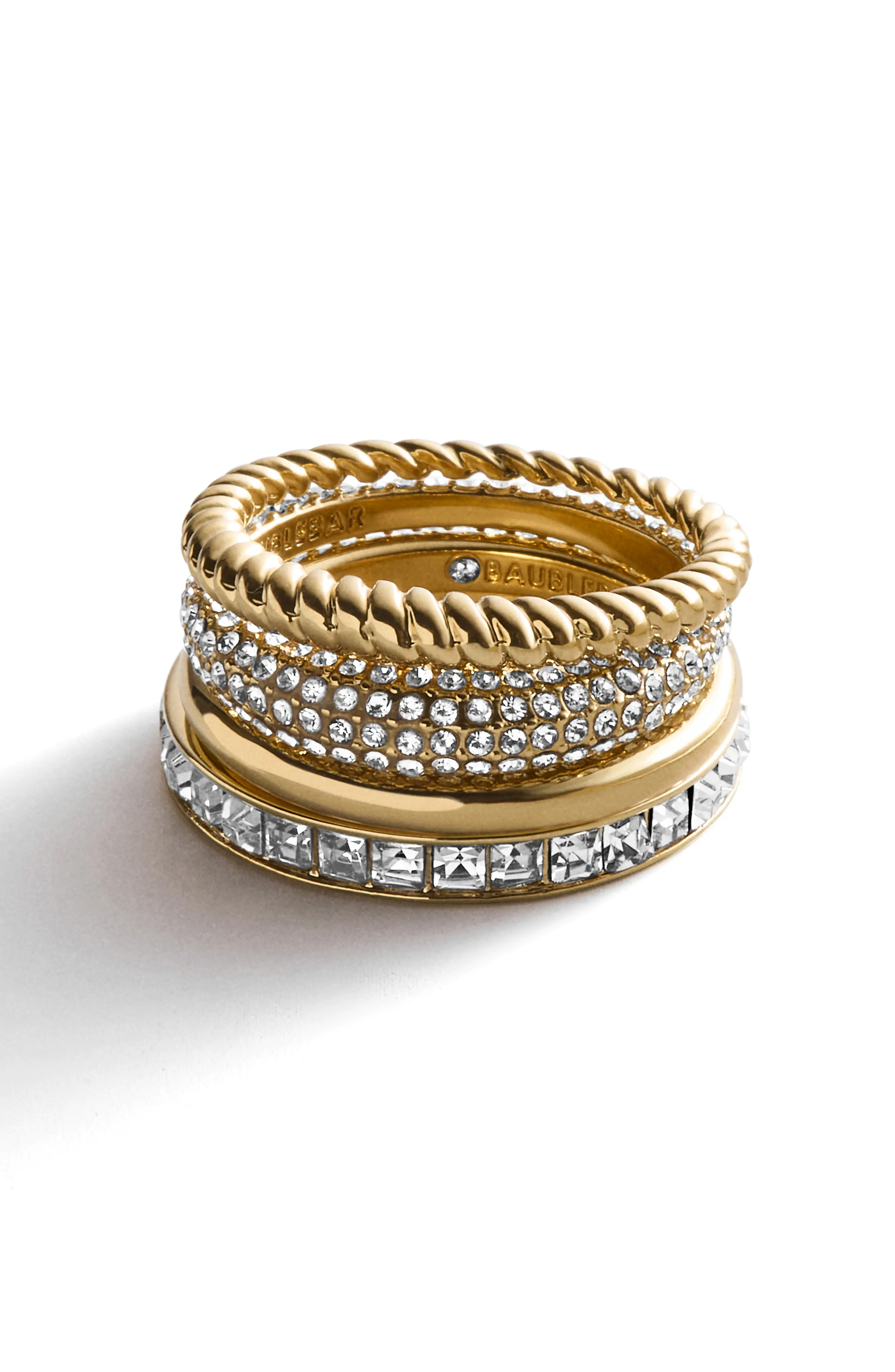BaubleBar Set of 4 Essential Stackable Rings in Brass/cubic Zirconia at Nordstrom, Size 7 | Nordstrom