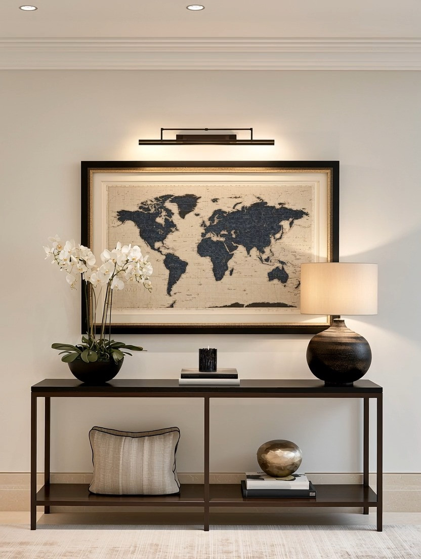 A world map is more than wall art—it represents curiosity, travel, memories and all the places still waiting to be discovered.

There’s a reason world maps have appeared in classic homes, libraries, studies and collectors’ spaces for generations. They have meaning, but they also have presence. An oversized world map can anchor an entire wall without adding clutter.

For this look, we love the map positioned over a simple console table, framed beautifully with subtle gold detailing. But don’t overlook the detail above it: the picture light. Wall art lighting gives an important piece the attention it deserves and adds another layer of warm lighting to the room in the evening.

Then balance the console with an oversized sculptural table lamp. The substantial base gives the arrangement weight, while the ivory shade adds softness and warm ambient light.

World map. Picture light. Console table. Sculptural lamp.
Four intentional pieces—and an entire wall becomes a story.

Explore our edit of world map art, picture lights and sculptural table lamps.

#WorldMapDecor #WallArt #PictureLighting #ElegantAndDriven 

 #LTKHome
