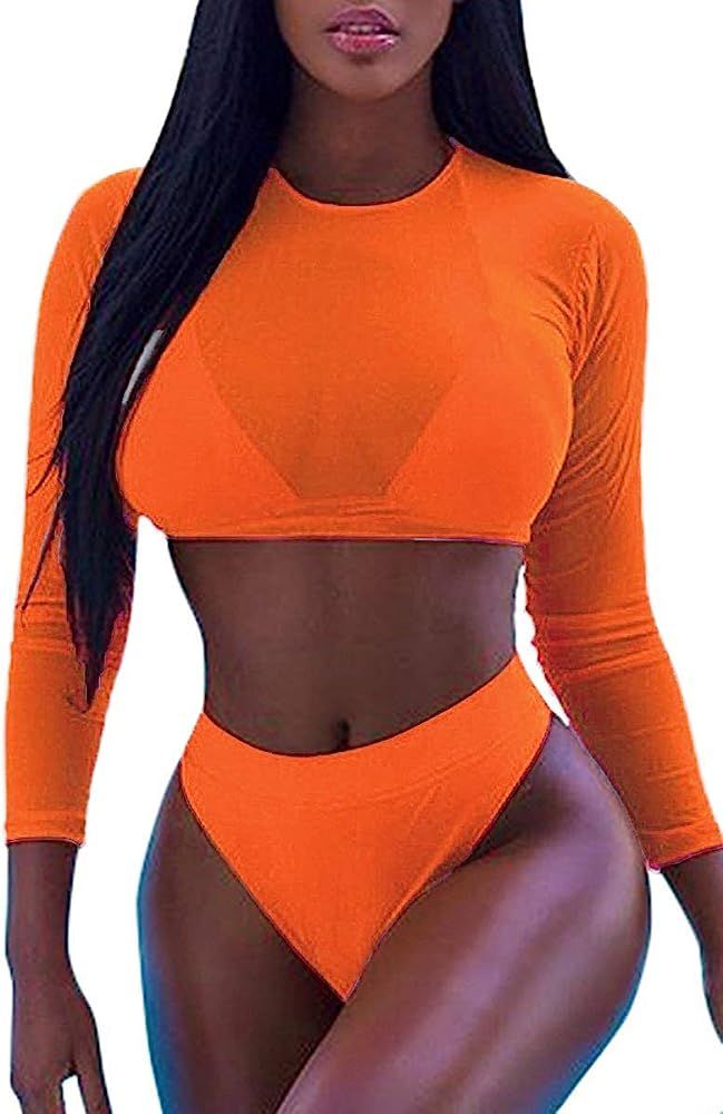 Women's 3 Pieces Swimsuit with Long Sleeve Mesh Shirt Coverup | Amazon (US)