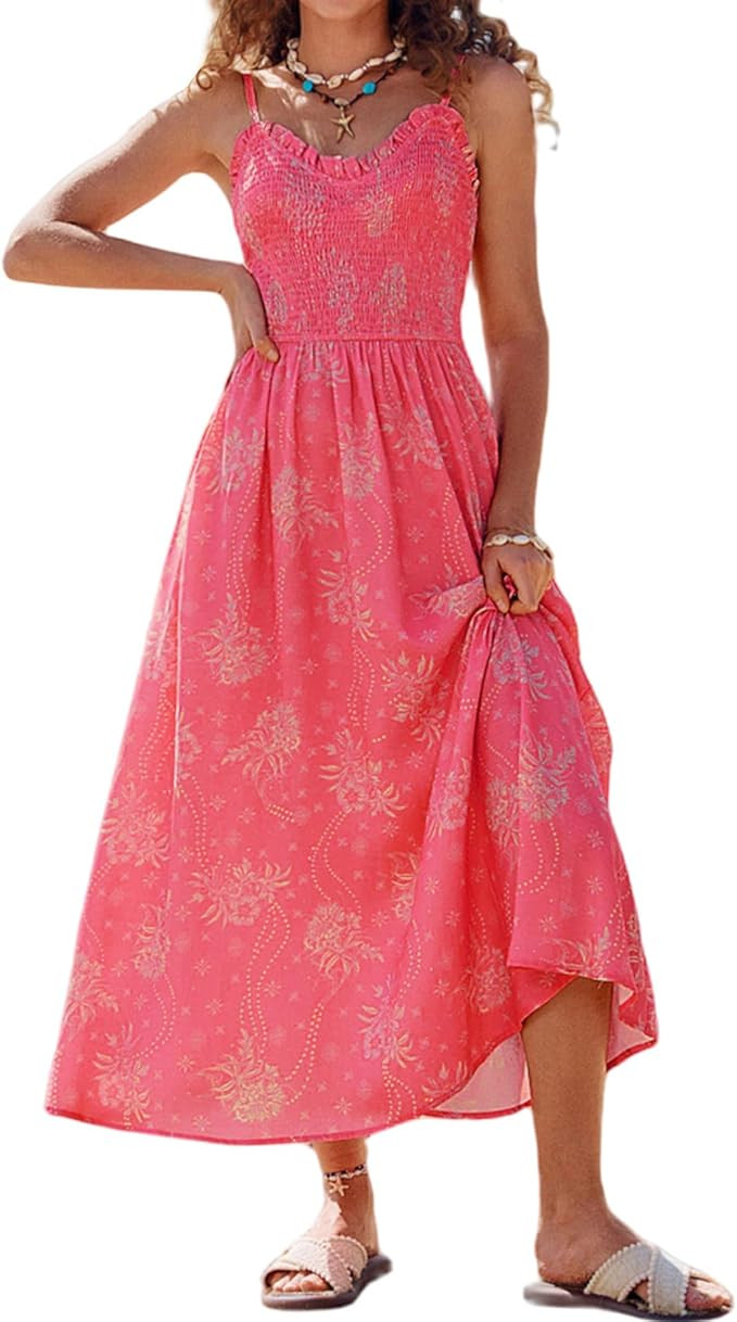 Kate Kasin Womens Summer Floral Maxi Dress, Long Beach Boho Smocked Dresses, Vacation Sundress wi... | Amazon (US)