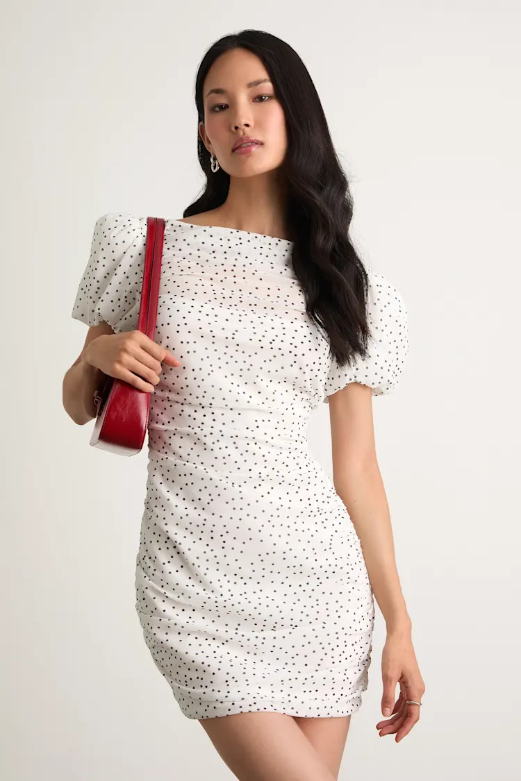 Claritza White Polka Dot Ruched Puff Sleeve Mini Dress | Lulus