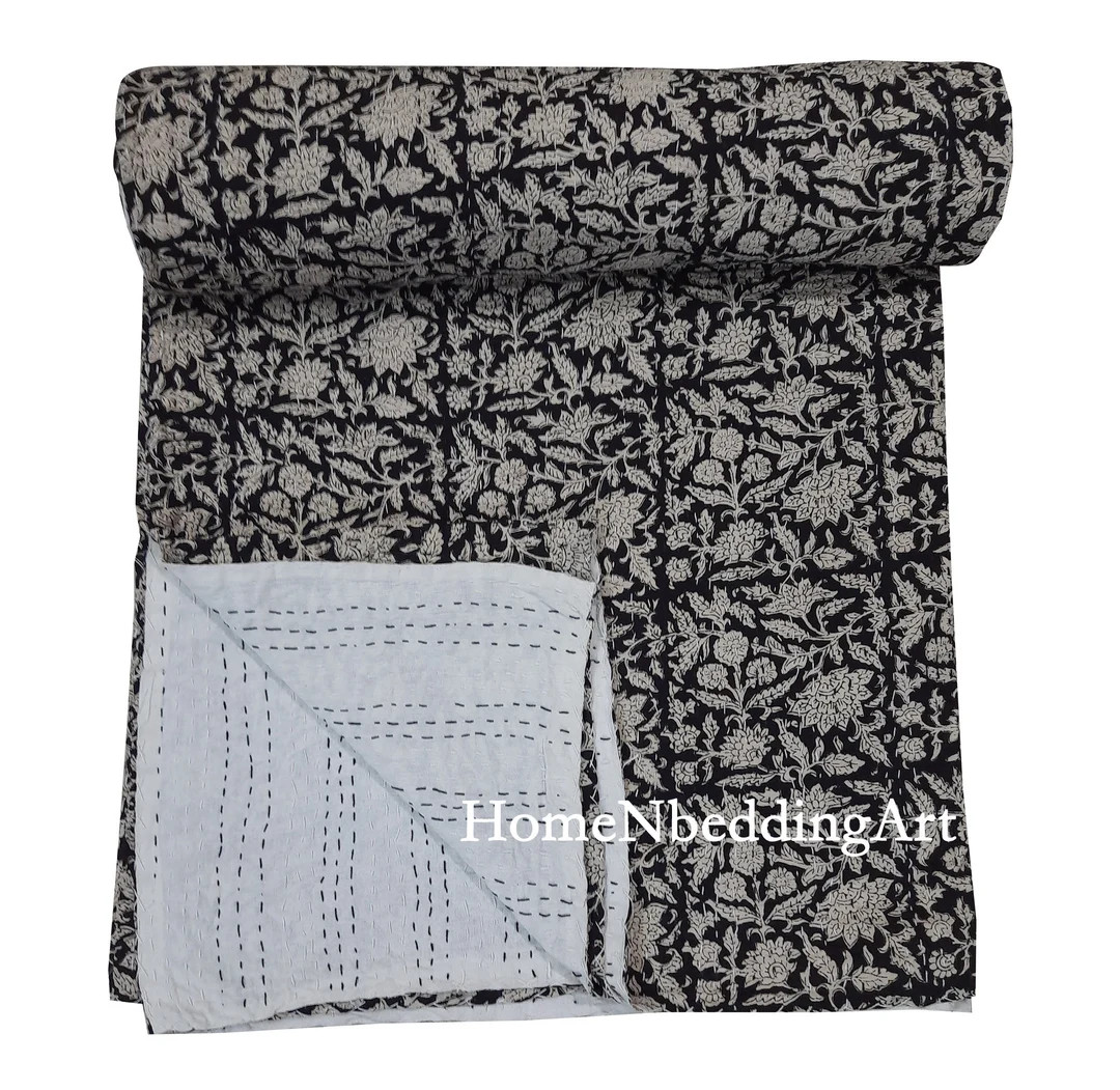 Black Kantha, Hand Block Print Cotton Kantha Quilt , Indian Kantha Quilt, Handmade Quilt, Kantha ... | Etsy (US)