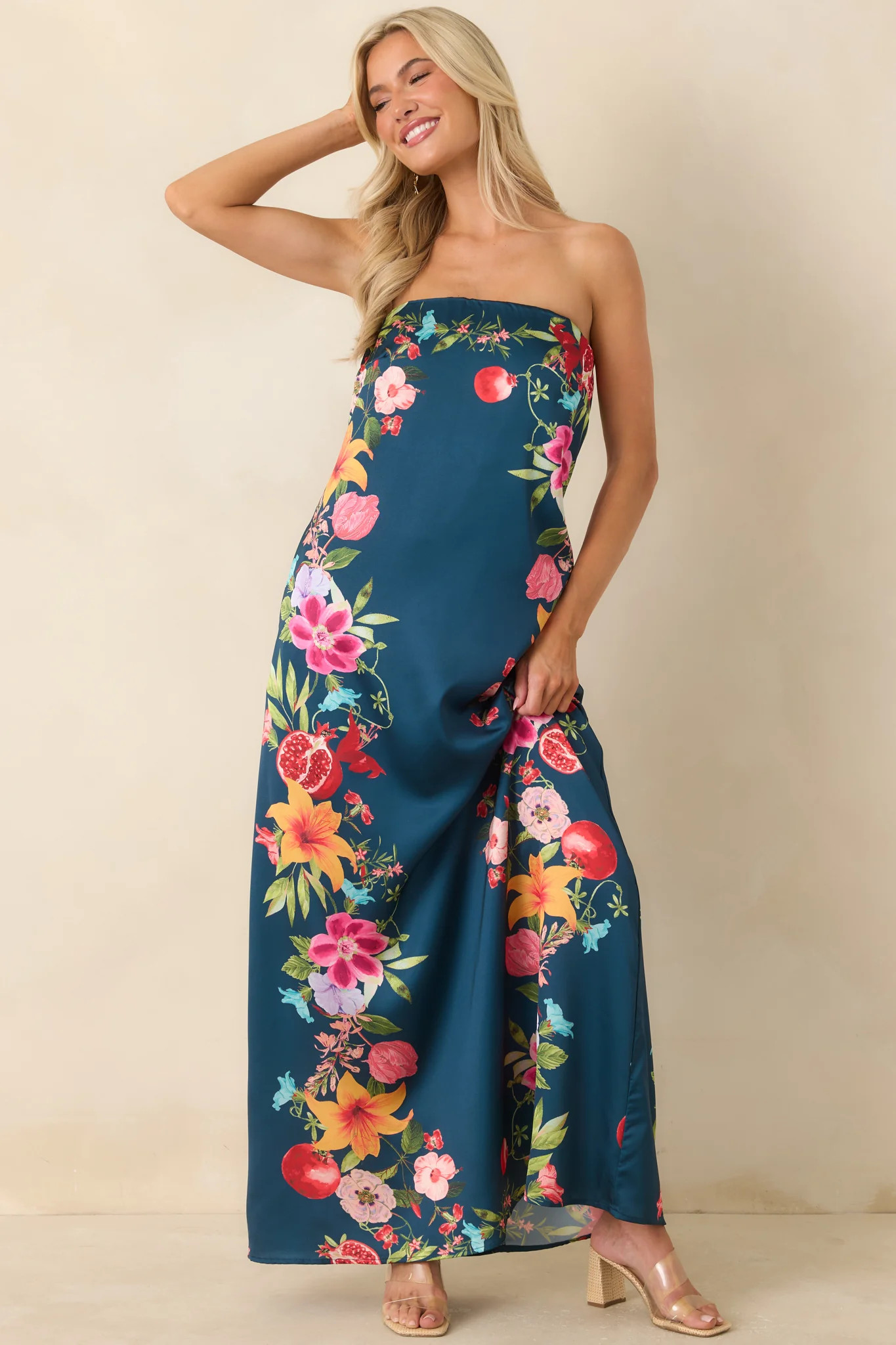Moonlit Tropics Navy Multi Floral Strapless Maxi Dress | Red Dress
