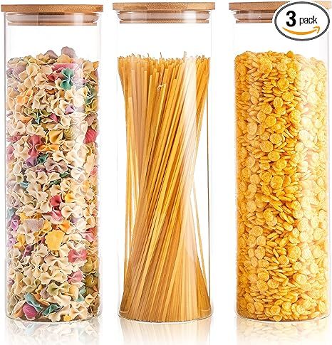 RLCOEUS Glass Jars with Bamboo Airtight Lids Kitchen Storage Canister 3 Pack for Spaghetti, Pasta... | Amazon (US)