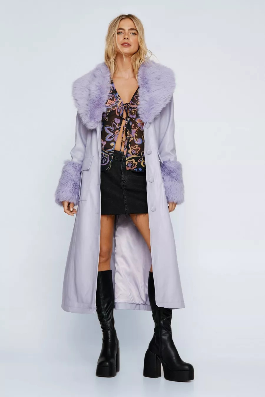 Fur Trim Belted Faux Leather Coat | Nasty Gal US