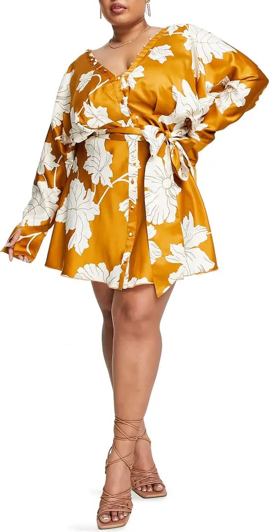 ASOS DESIGN Curve Floral Long Sleeve Satin Minidress | Nordstrom | Nordstrom