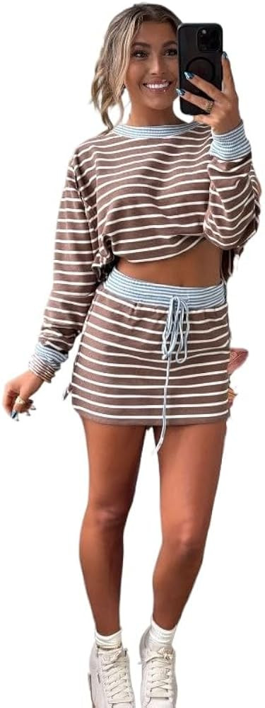 Women's striped printed long sleeved T-shirt mini skirt set round neck crop top travel sports two... | Amazon (US)