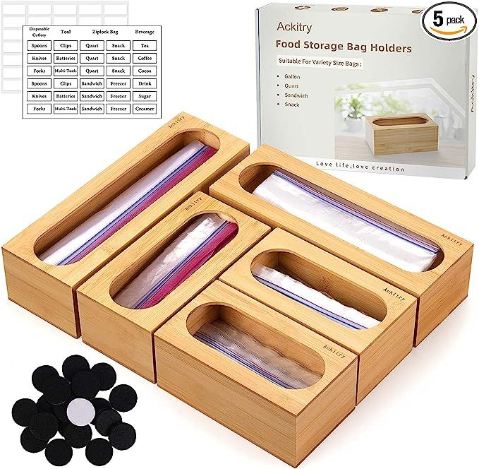 Ackitry Ziplock Bag Storage Organizer for Kitchen Drawer, 5 Pc Bamboo Premium Food Storage Bag Or... | Amazon (US)