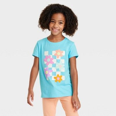 Girls' Short Sleeve 'Flower' Graphic T-Shirt - Cat & Jack™ Bright Turquoise Blue | Target