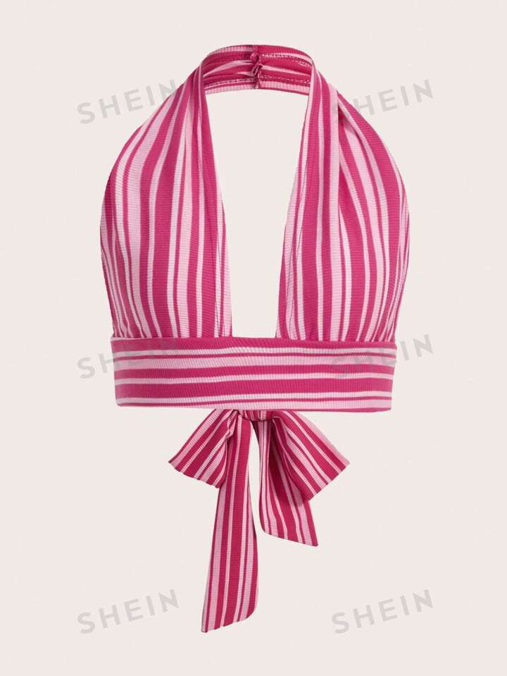 SHEIN WYWH Striped Print Tie Backless Halter Top | SHEIN