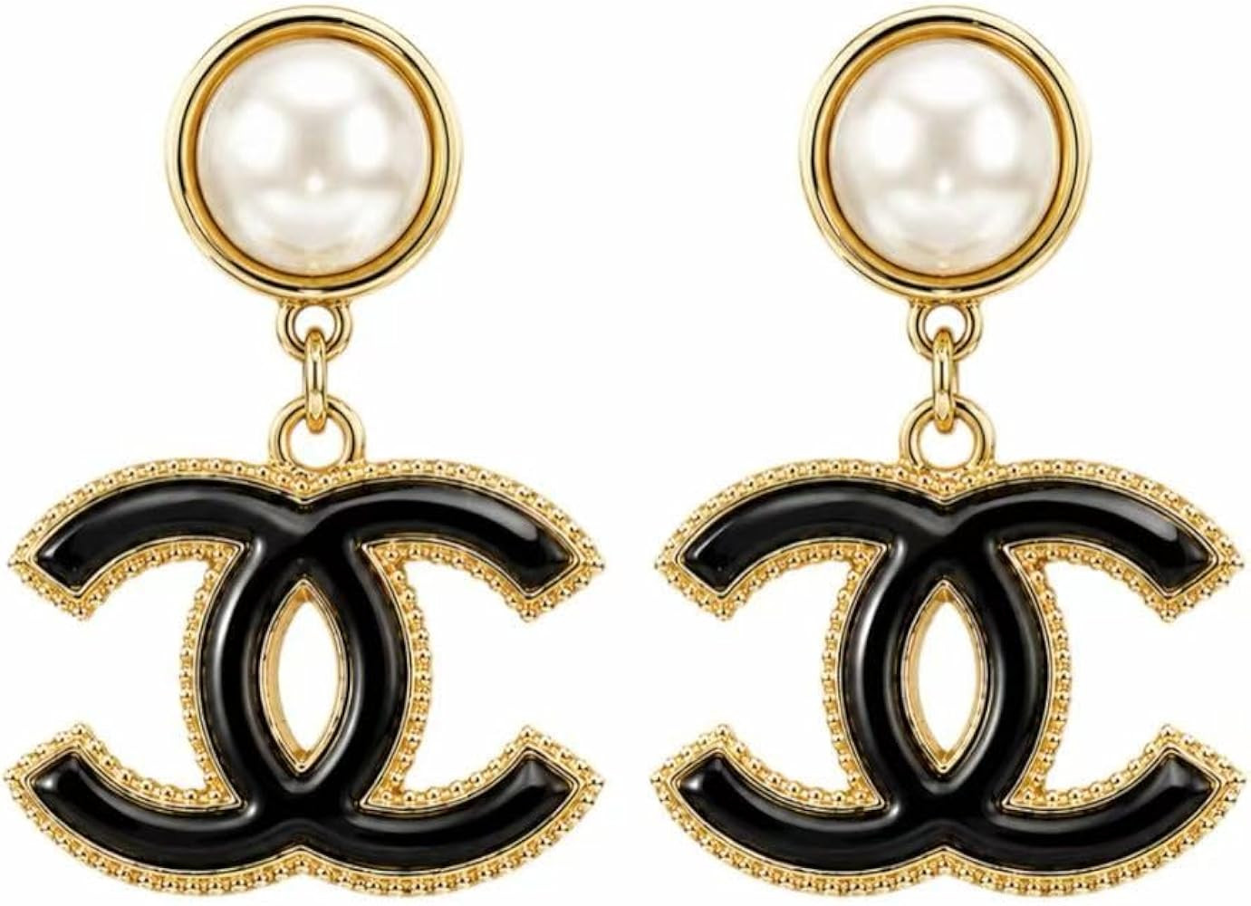 Pearl Top Black Enamel Drop Earrings Gold Beaded Border Women Fashion Dangle Jewelry | Amazon (US)
