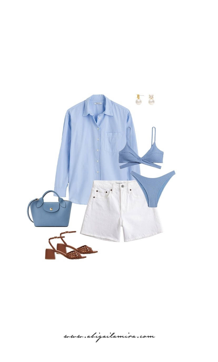 WHAT I'M WEARING WEDNESDAY 04/01/2026
This look is the definition of easy, coastal-inspired style with a polished twist. Crisp white shorts pair effortlessly with a breezy blue button-down, layered over a matching bikini for that seamless beach-to-brunch feel. Warm-toned accessories—like woven heels and a structured mini bag—add just enough contrast, making this outfit feel both relaxed and thoughtfully put together. 

#LTKdayinmylife #LTKootd #LTKgrwm