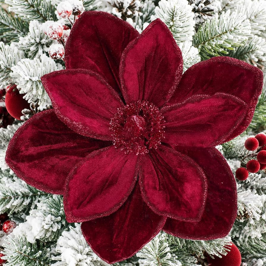 8PCS Large Christmas Flower Burgundy Ornaments Tree Decor Magnolia Flowers | Amazon (US)