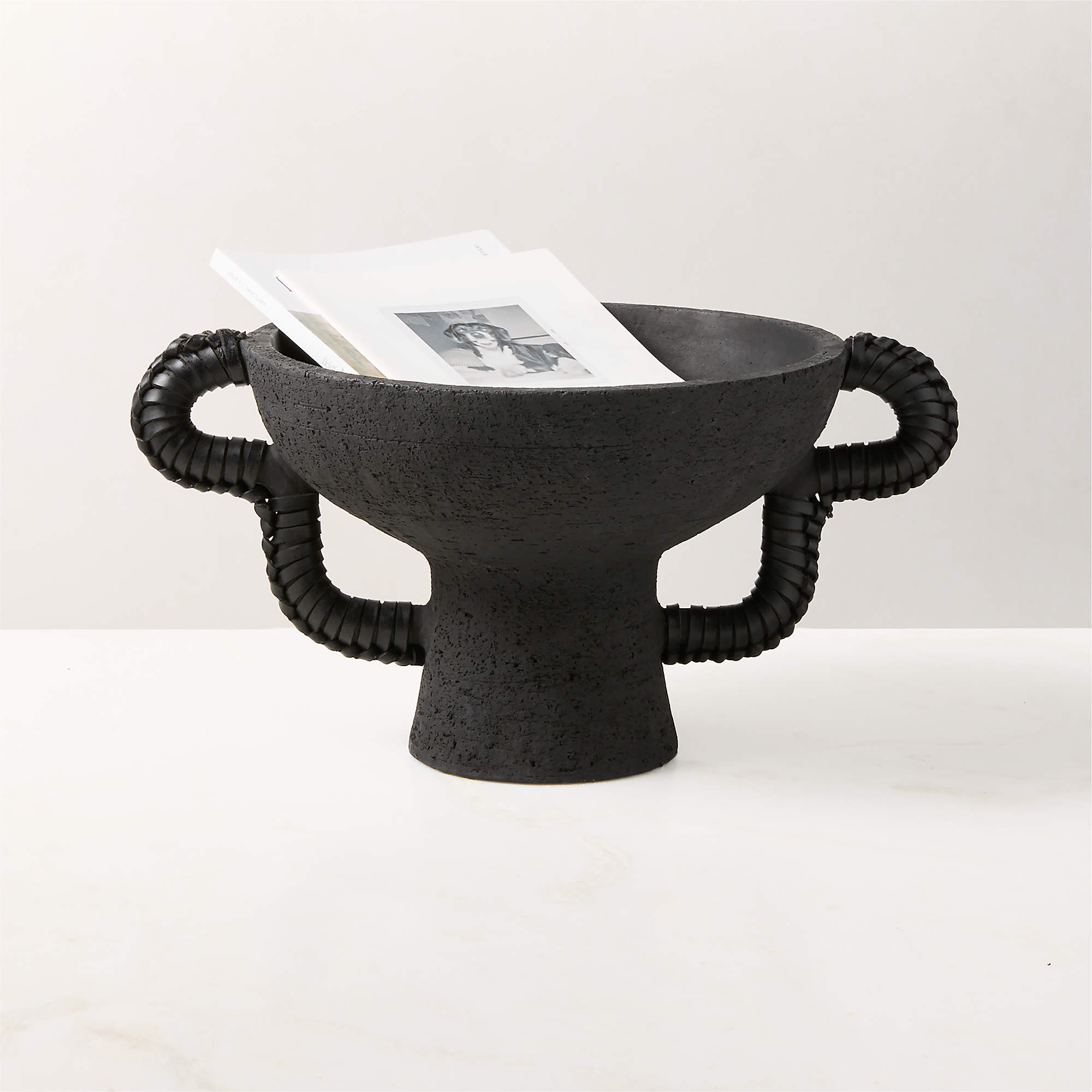Lilith Black Ceramic Pedestal Bowl with Leather Handles + Reviews | CB2 | CB2