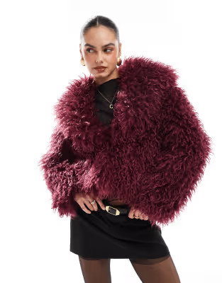 The Frolic x Bella Stovey exclusive oversized collar mongolian faux fur jacket in burgundy | ASOS (Global)