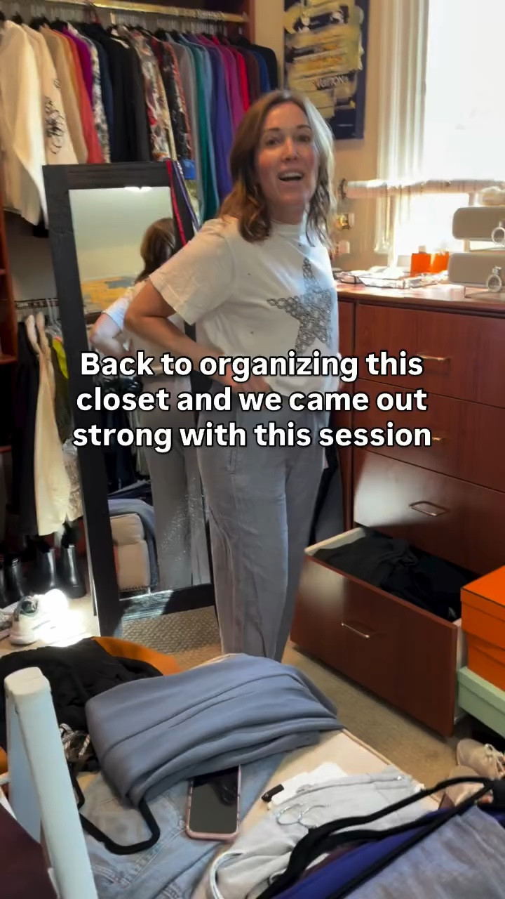 Closet organization session 3! Organized and easy for her to pull outfits quickly. Need help organizing your closet to make getting dressed easy? Book a session with me in my bio!