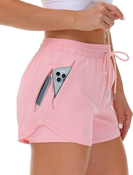 Pantalones cortos de correr para mujer con forro 3 bolsillos con cremallera, elásticos, para ent... | Amazon (US)