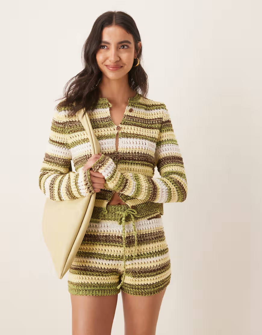 ASOS DESIGN knit multi twist crochet striped cardigan in yellow - part of a set | ASOS (Global)