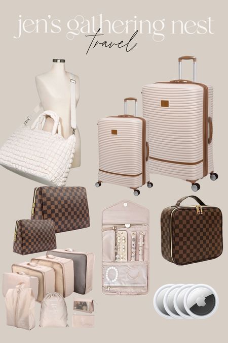 Travel finds 🧳 #luggage #suitcase #weekender #toiletrybag #makeupbag #makeupcase #checkeredprint #packingcubes #neutralluggage #travel #amazonfinds 