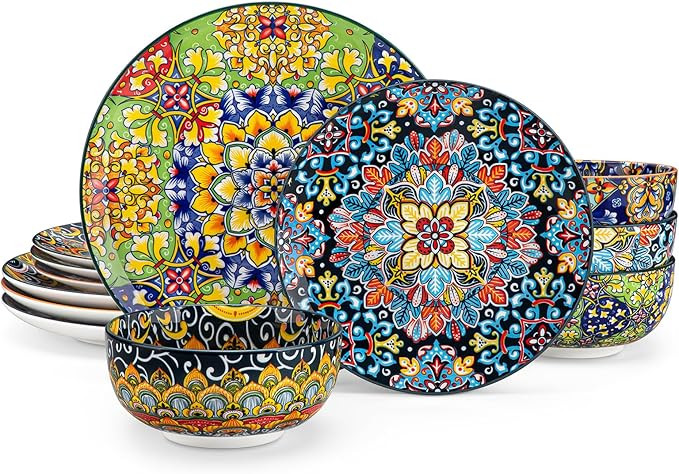 vancasso 12 Pieces Dinnerware Sets, Plates and Bowls Set, Porcelain Dishes Set for 4, Microwave a... | Amazon (US)