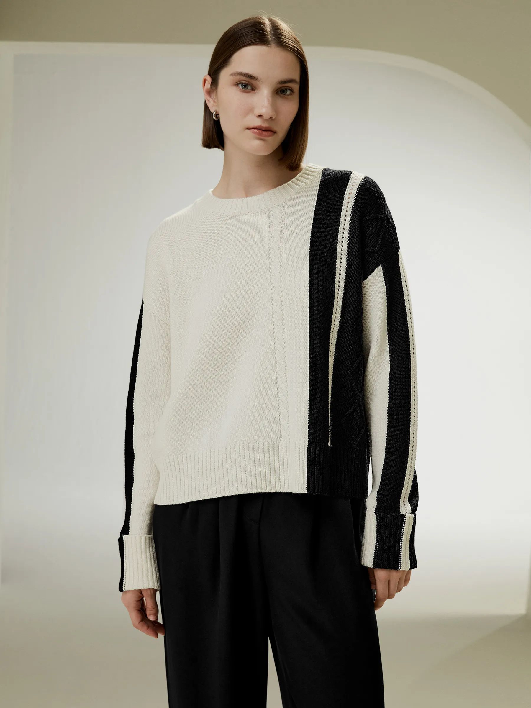 Bicolor Stripe Knit Wool Sweater | LilySilk