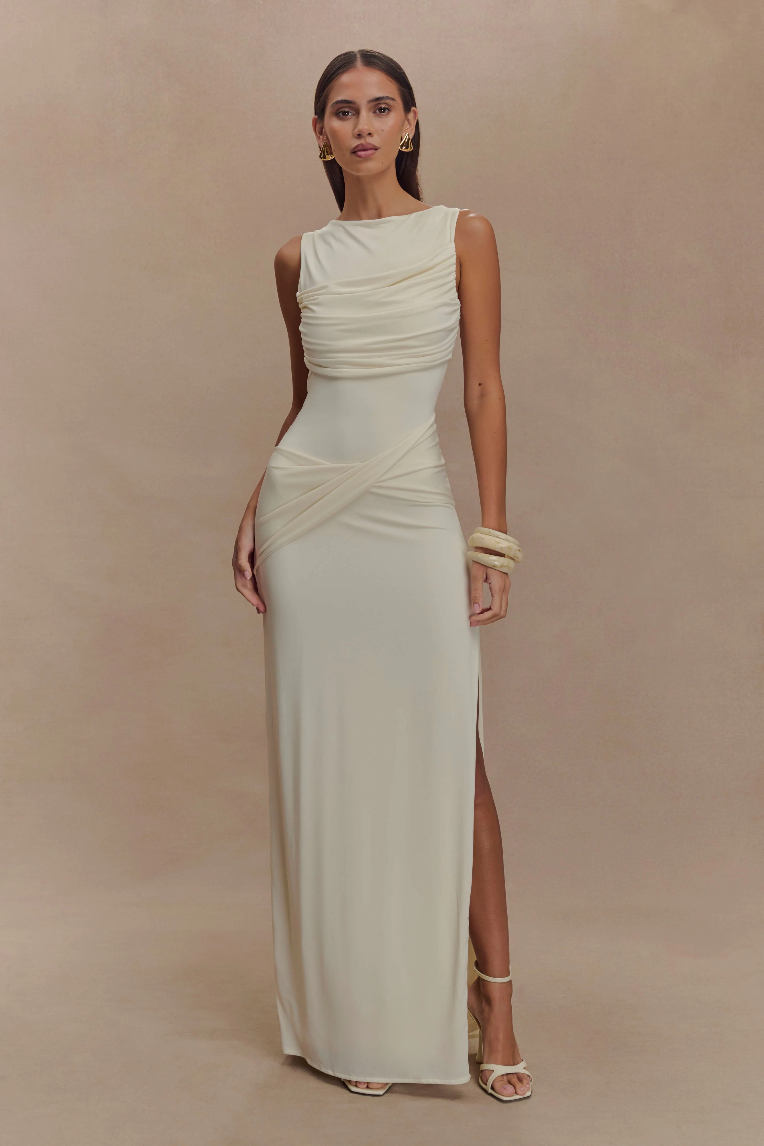 Henley Slinky Drape Maxi Dress - Ivory | MESHKI US