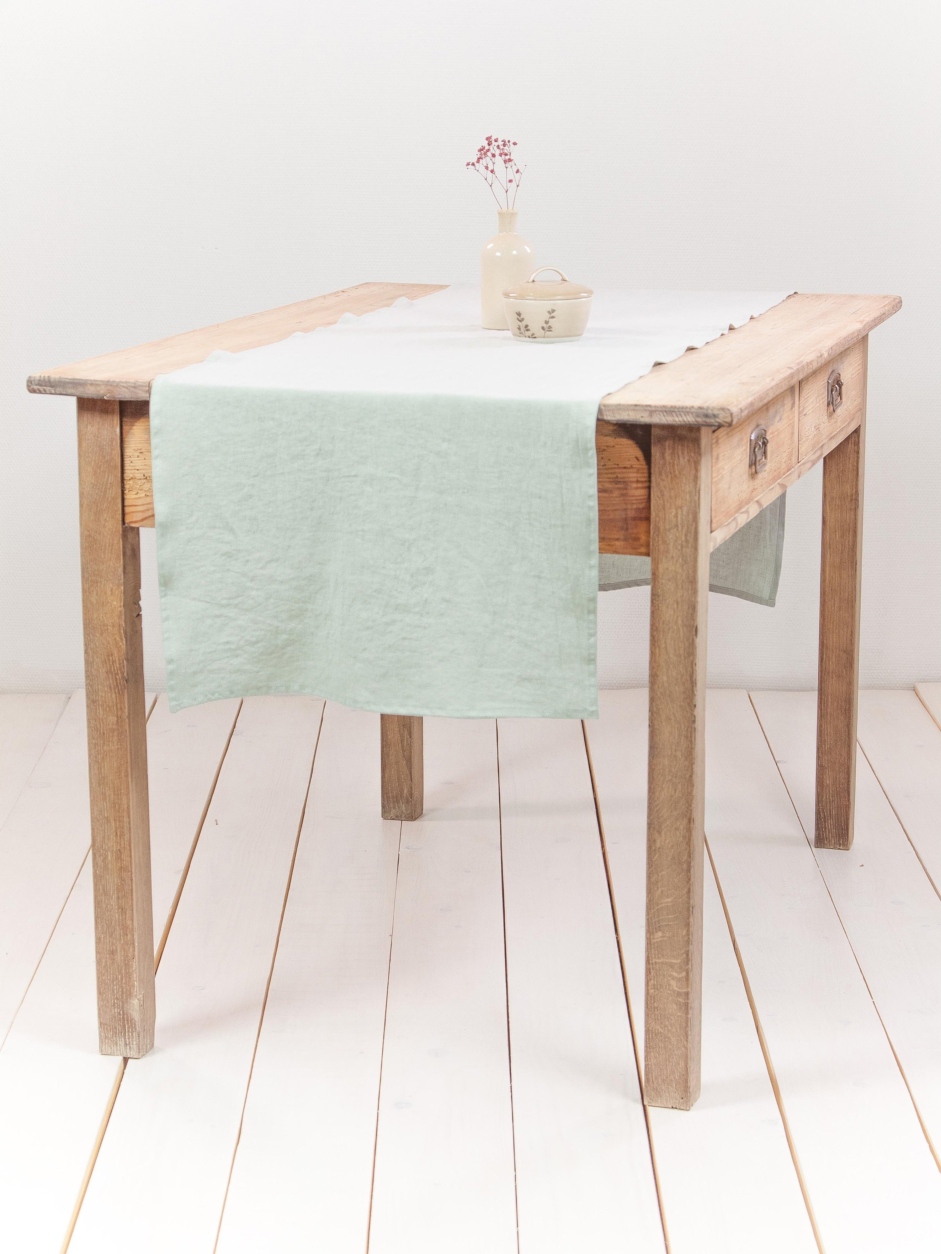 Linen Table Runner In Sage Green - 40X150 CM / 16X59\'\' - Also in: 40X250 CM / 16X98\'\', 50X250 CM | Verishop