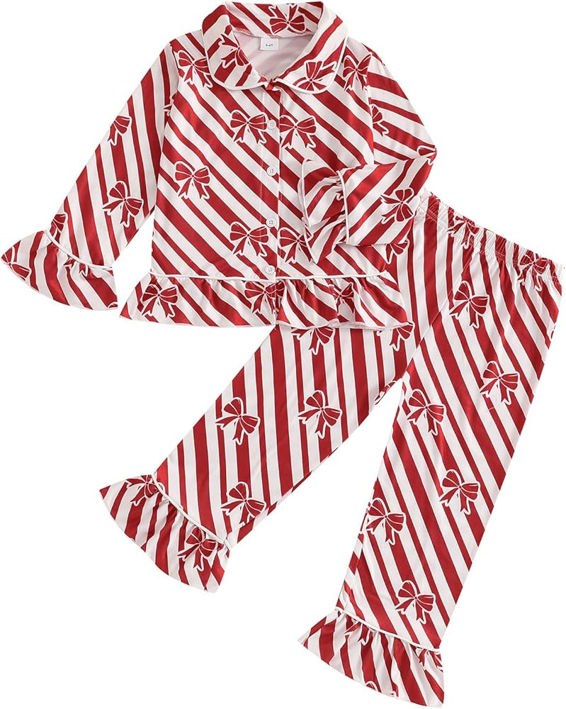 Kuriozud Toddler Girl Christmas Silk Pajamas Ruffle Button Down 2 Piece Pajama Set Kids Little Gi... | Amazon (US)