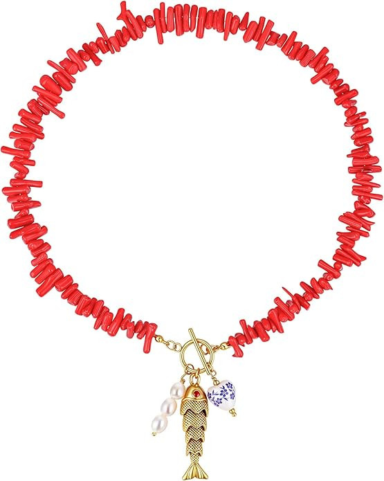 Waterproof Non Tarnish Fishing Necklace for Women - Red Coral Beads with Stainless Steel Fish, He... | Amazon (US)