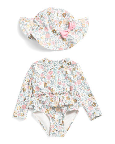 Infant Girls Floral Rash Guard One-piece Swimsuit With Sun Hat | TJ Maxx