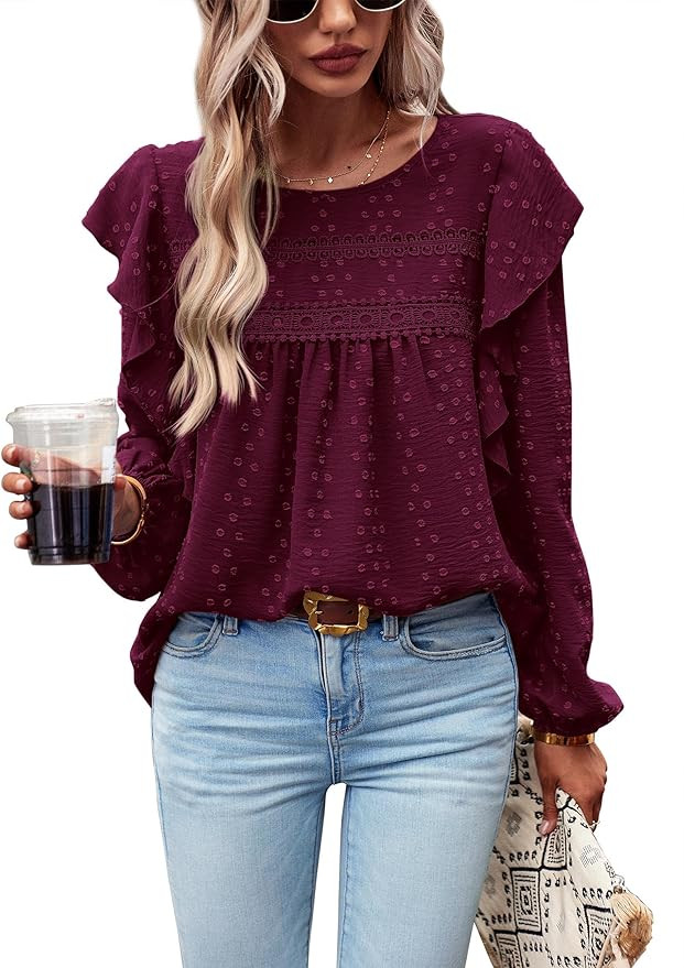 PRETTYGARDEN Women's Long Sleeve Blouses Ruffle Swiss Dot Crochet Loose Fit 2024 Fall Tunic Dress... | Amazon (US)