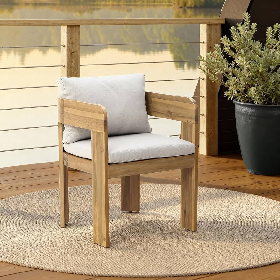 LuxenHome Set of 2 Outdoor Patio Chairs, Acacia Wood Accent Chairs with Cushions and Arms, Mid Ce... | Amazon (US)