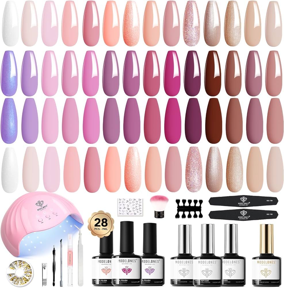 Modelones 45PCS Gel Nail Polish Kit with U V Light 28 Colors Pink Nude Purple Glitter Gel Nail Po... | Amazon (US)