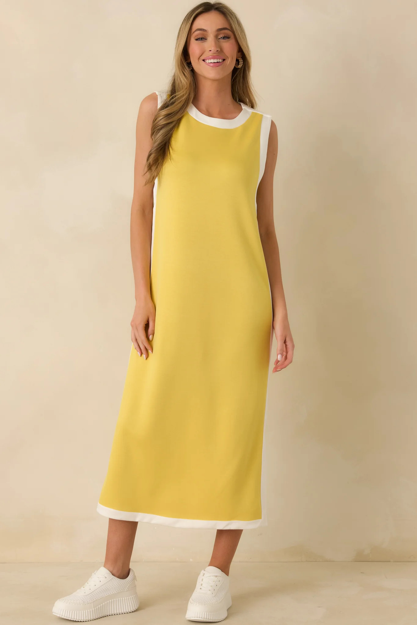 Perfectly Framed Yellow Jersey Knit Contrast Trim Sleeveless Maxi Dress | Red Dress