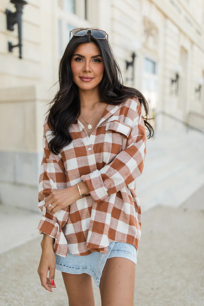 Made Me Realize Tan Plaid Button Front Shirt | Pink Lily