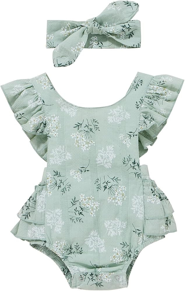Baby Girls Daisy Playsuits Ruffled Bodysuit+Headband Print Fly Sleeve Romper Floral Jumpsuit Infant  | Amazon (US)