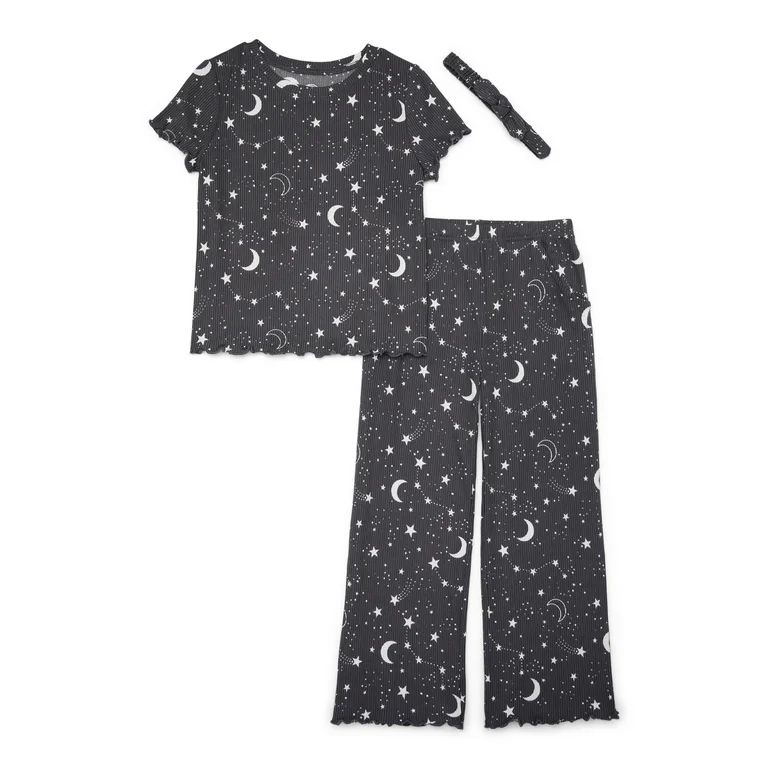 Wonder Nation Girls Short Sleeve Top and Wide Leg Pants Pajama Set with Headband, 3-Piece, Sizes ... | Walmart (US)