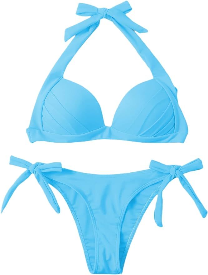 Romwe Women'2 Piece Halter Push up Bikini Set Tie Side Swimsuit Bathing Suit Beachwear | Amazon (US)