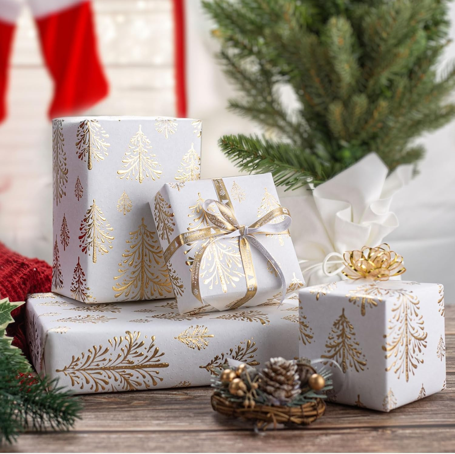 Flyhill Kraft Christmas Wrapping Paper,White Gold 3D Embossed Foil Christmas Tree with Woodlands ... | Amazon (US)