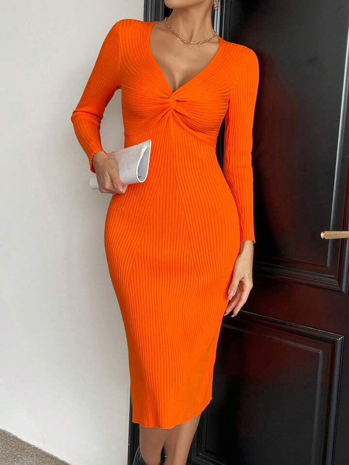 SHEIN Essnce Twist Front Ribbed Knit Sweater Dress | SHEIN