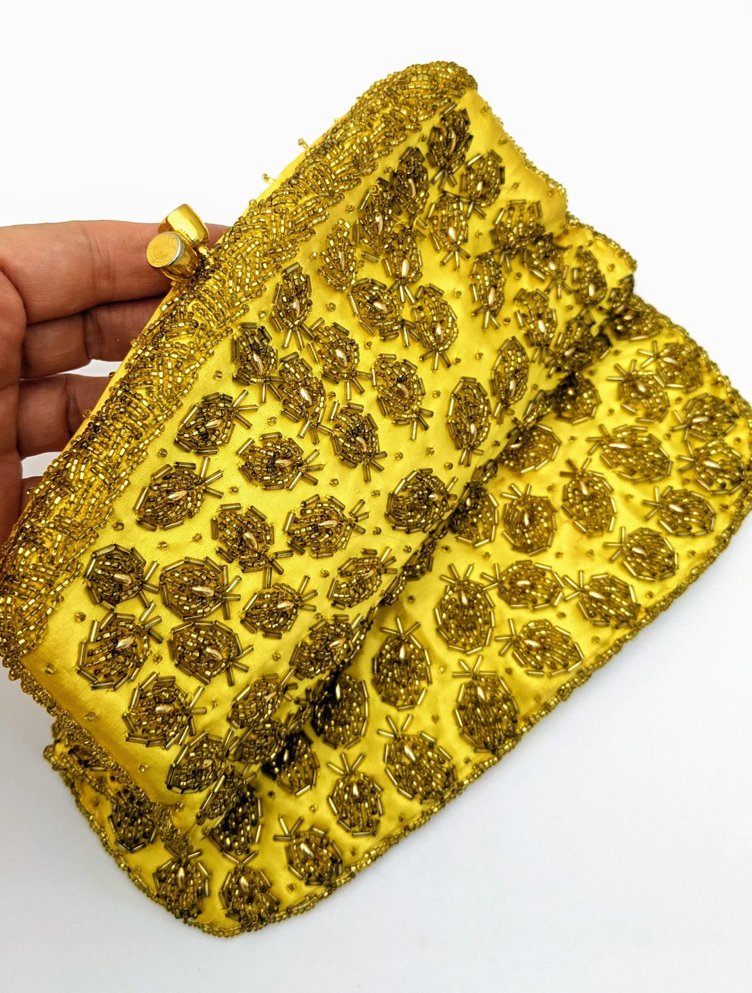 Hong Kong Yellow Beaded Evening Bag, Vintage Yellow Glass Beaded Clutch Purse, Vintage 50s Handba... | Etsy (US)