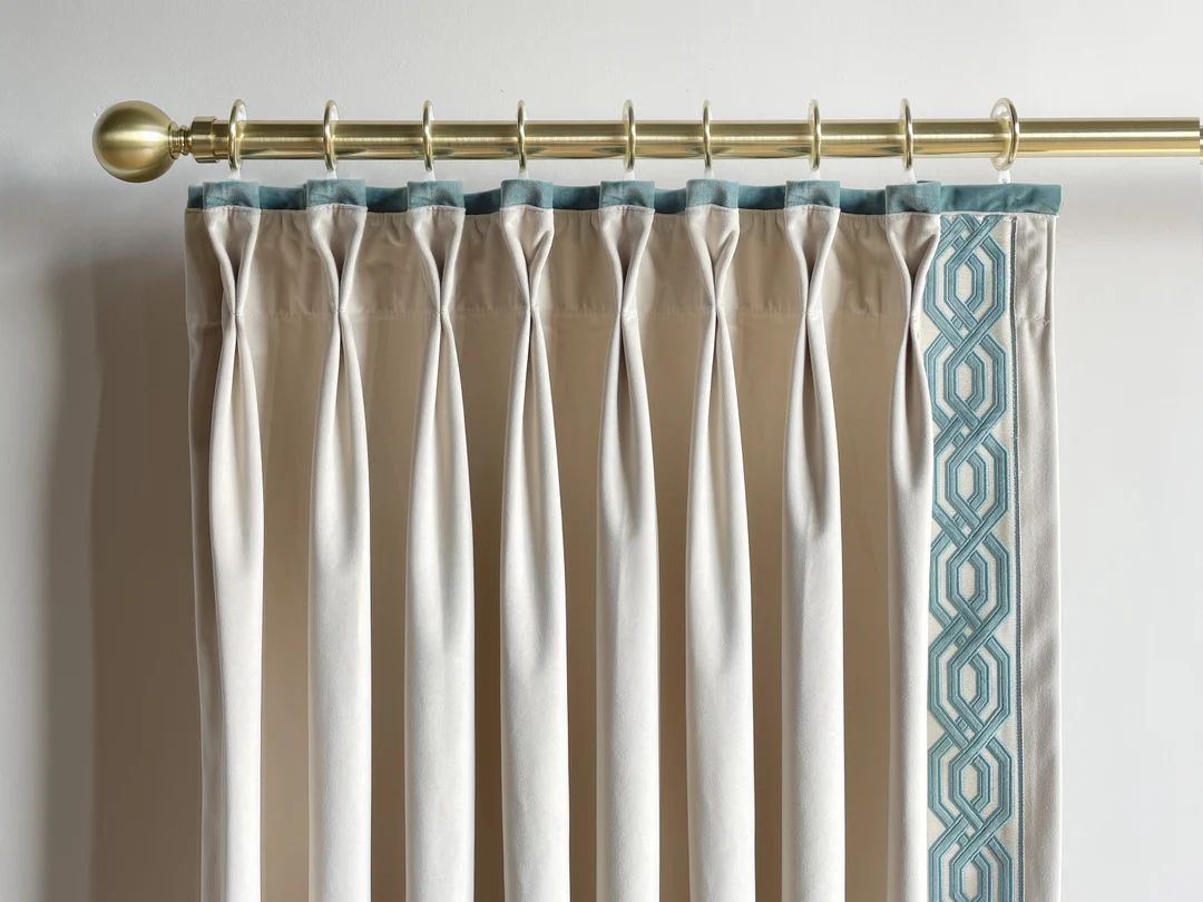 Cream Velvet Curtain Panels With Green Trims Beautiful Custom - Etsy | Etsy (US)