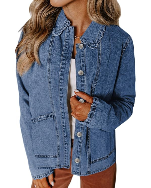 Sidefeel Women's Jean Jacket Long Sleeve Button Down Ruffled Denim Jacket Shacket | Amazon (US)